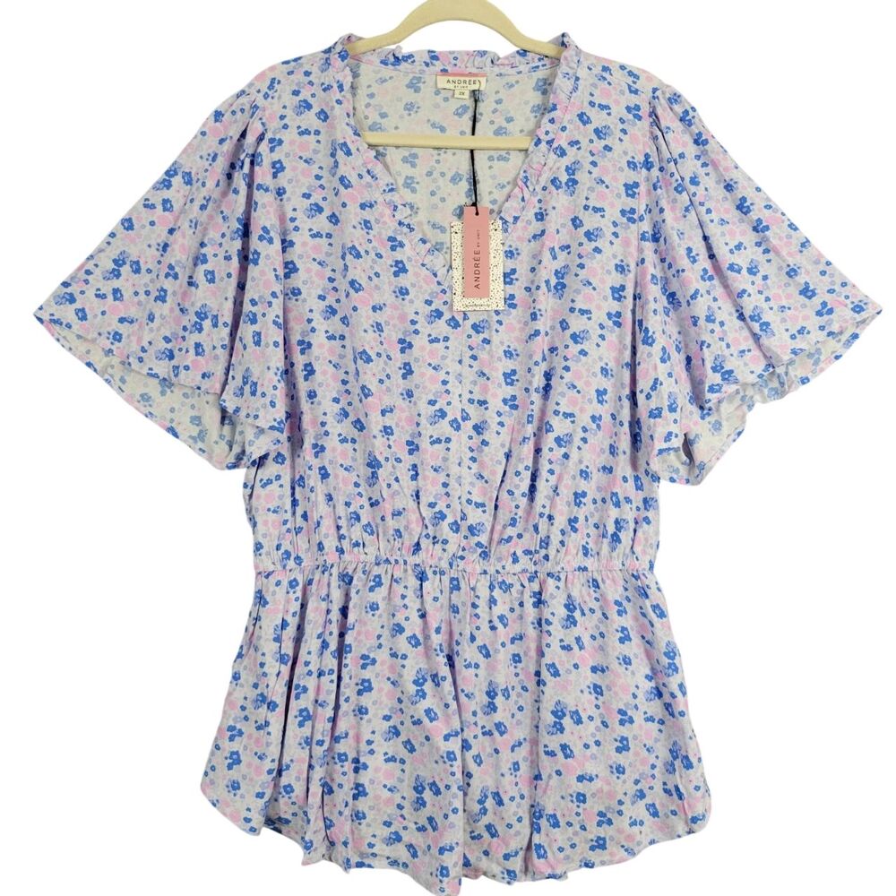 NWT Andree by UNIT Blue Floral Feminine Flutter Sleeve Girly Blouson Top SIZE 2X